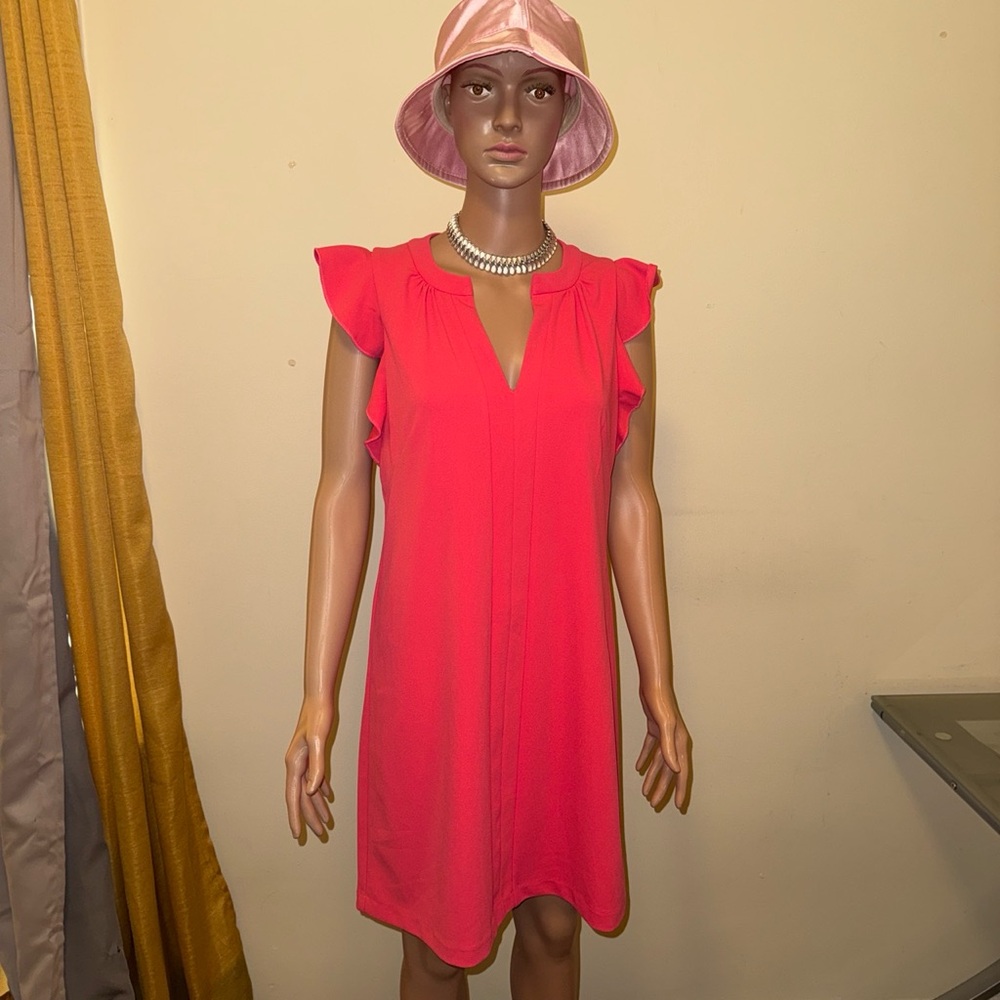 Coral Ruffle Sleeve V-Neck Shift Dress